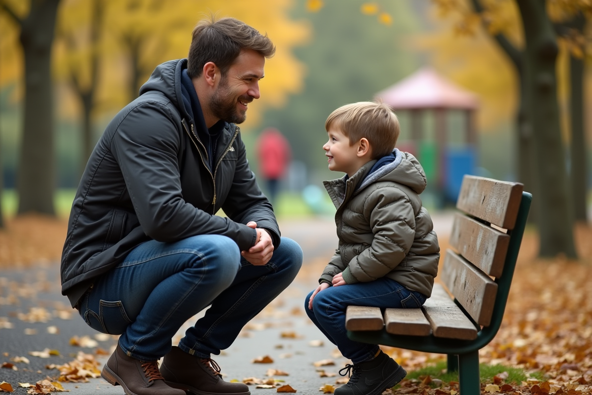 Pere et fils discutant sur un banc dans un parc