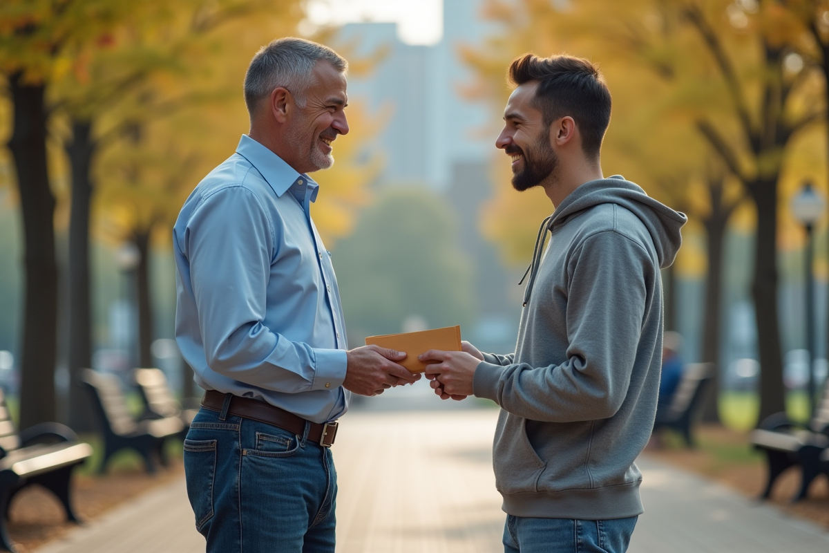 Père donnant une enveloppe à son fils dans un parc urbain