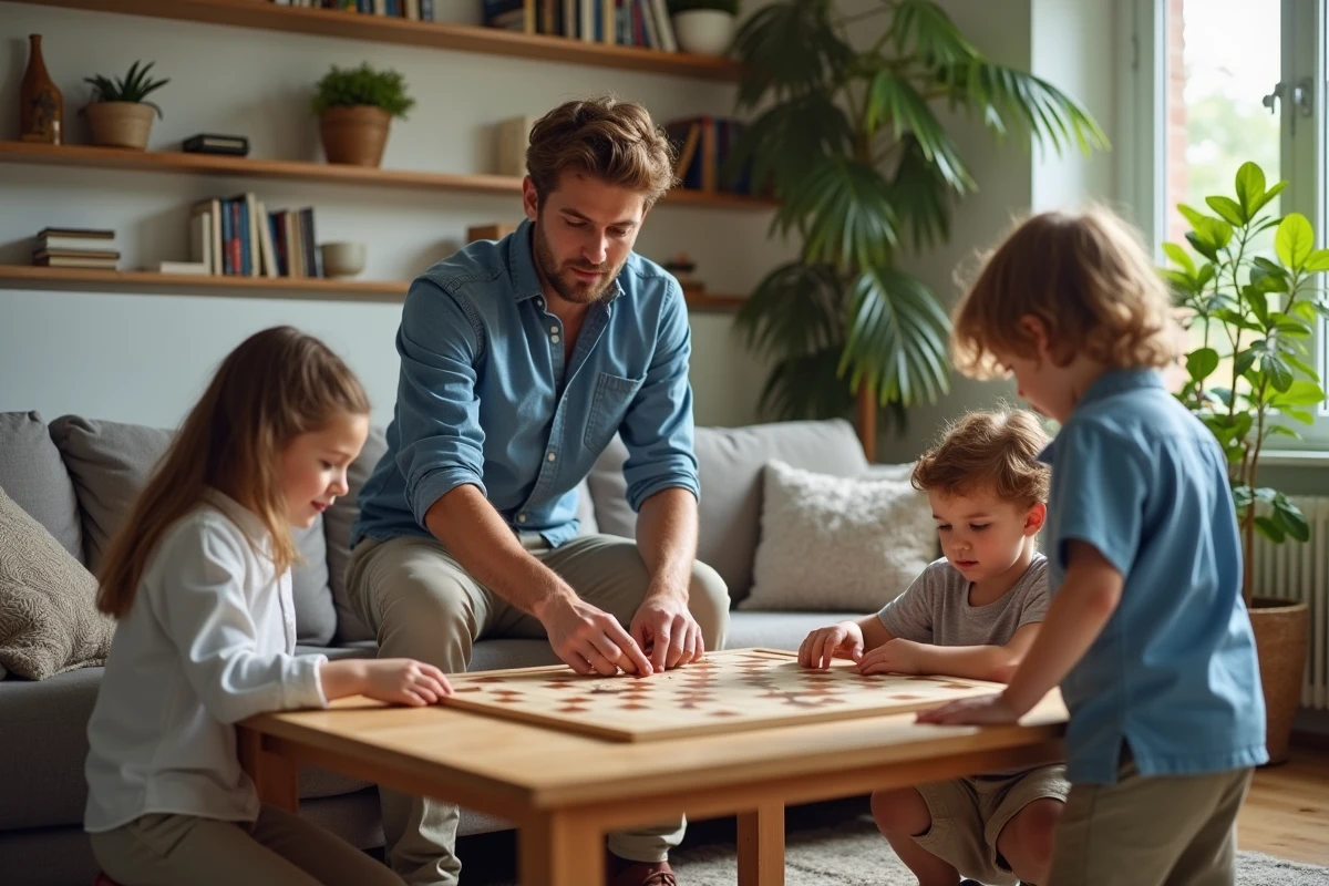 Père jouant à un jeu de société avec ses enfants dans un salon lumineux
