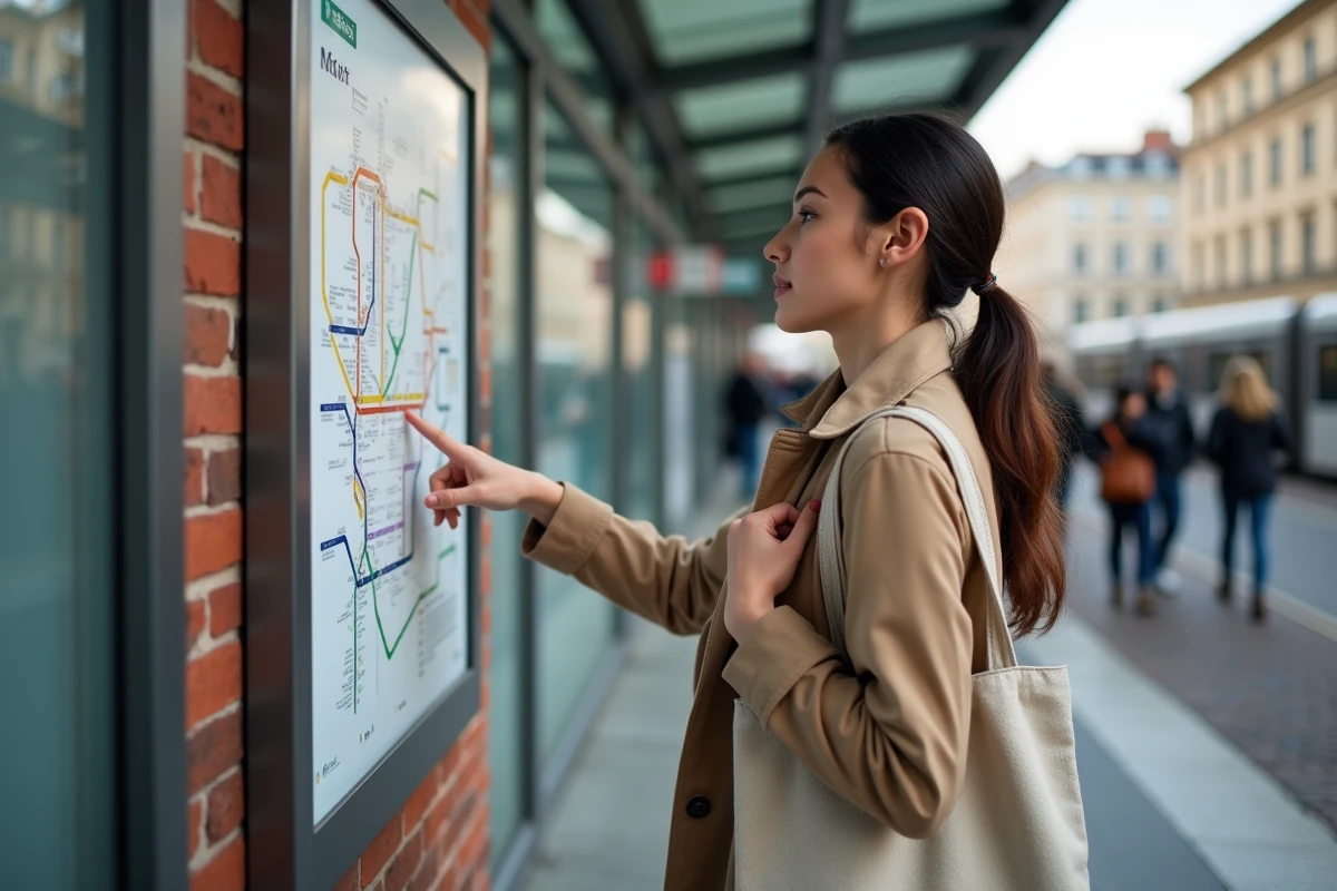 Passagère consultant le plan du réseau de tram à un arrêt de tramway de Bordeaux