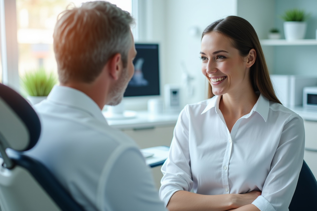 Patient souriant discutant avec le dentiste dans un cabinet moderne