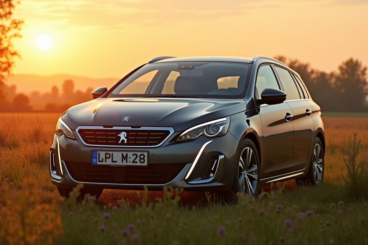 Peugeot 308 hybride au lever du soleil en campagne