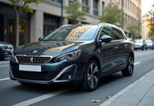 Peugeot 308 hybride en ville en journée