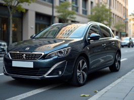 Peugeot 308 hybride en ville en journée