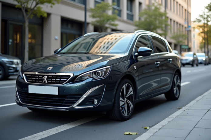 Peugeot 308 hybride en ville en journée