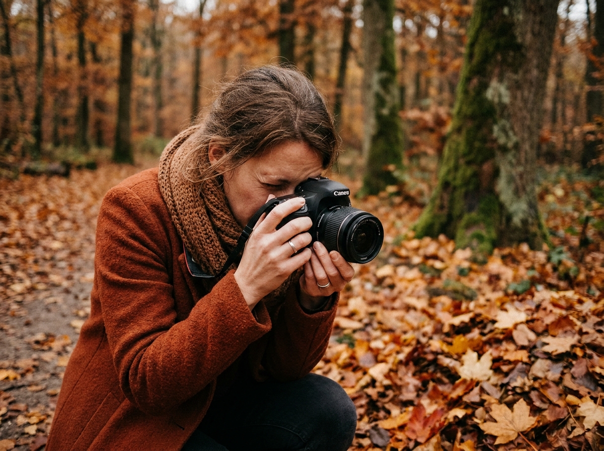 Photographe femme réglant la correction dioptrique de son appareil photo en forêt automnale aux feuilles colorées