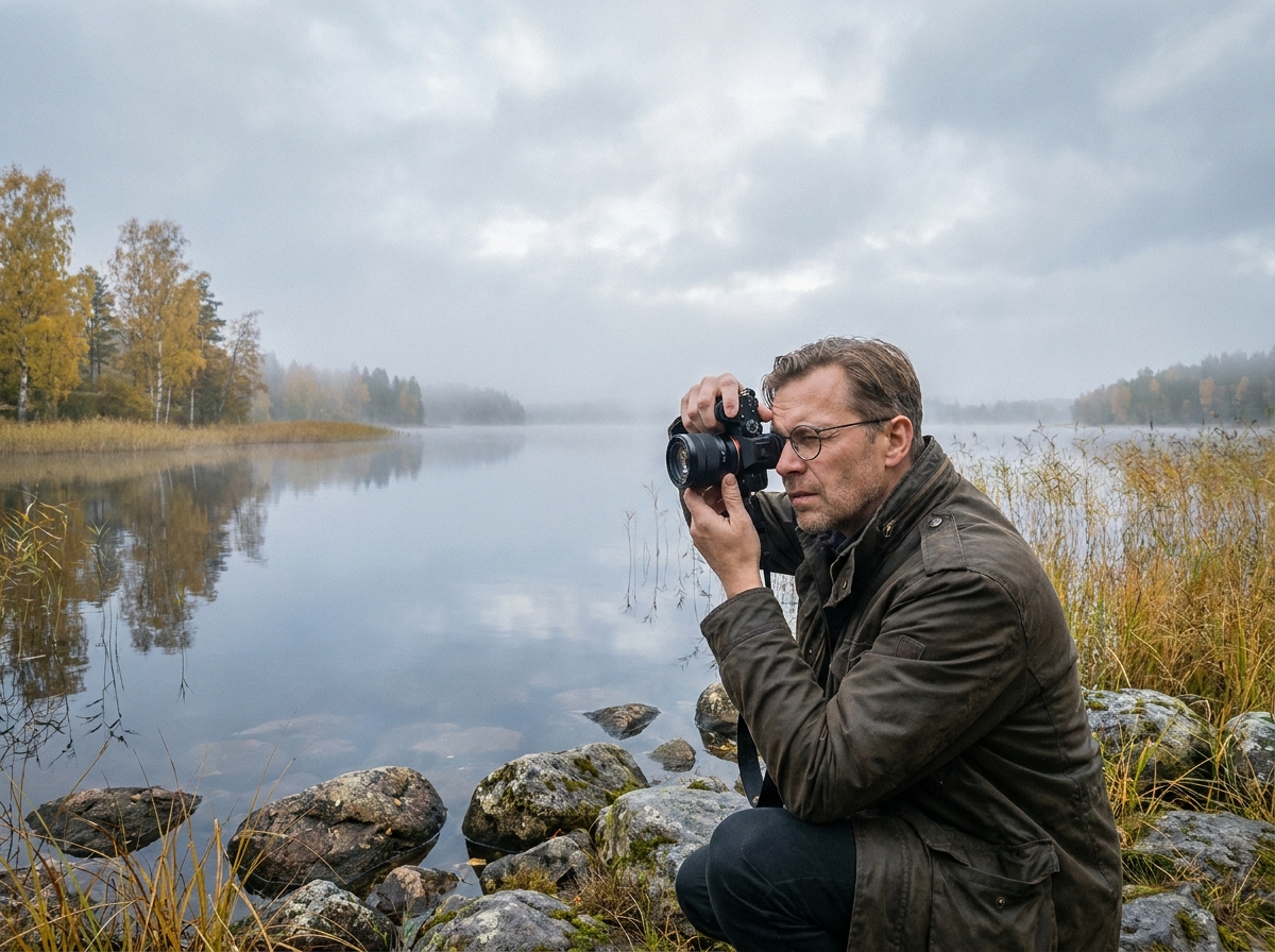 Photographe homme réglant le viseur de son appareil au bord d'un lac brumeux en automne entouré de bouleaux jaunes