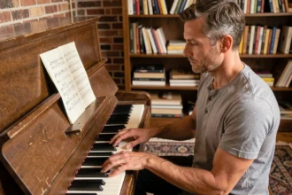 Pianiste adulte jouant Let It Be des Beatles sur un piano droit en studio maison, avec une partition posée sur le pupitre