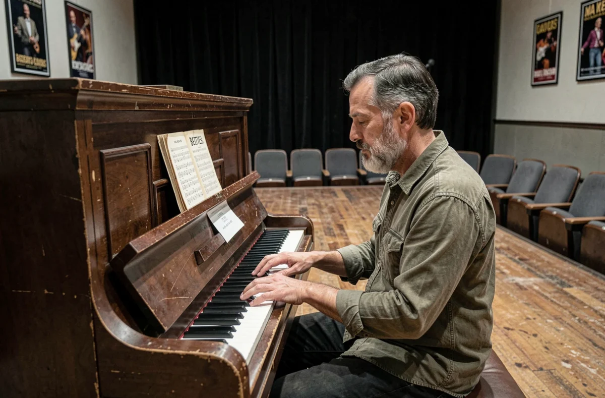 Pianiste expérimenté jouant la partition de Let It Be sur un piano vintage dans un théâtre de répétition vide