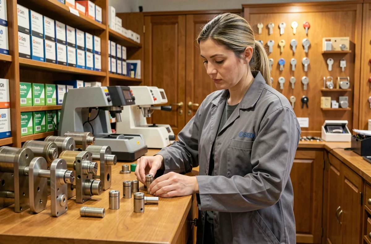 Serrurier Picard Serrures présentant une sélection de serrures haute sécurité dans une boutique artisanale bien équipée