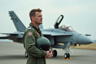 Pilote de chasse en combinaison de vol sur un tarmac militaire, évoquant l'univers de Top Gun 3
