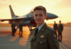 Jeune pilote de la Royal Air Force au lever du soleil