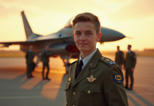 Jeune pilote de la Royal Air Force au lever du soleil