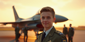 Jeune pilote de la Royal Air Force au lever du soleil