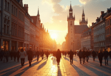 Place historique européenne au lever du soleil avec architecture et foule