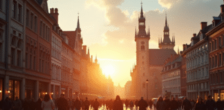 Place historique européenne au lever du soleil avec architecture et foule