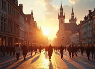 Le charme des capitales en E : un focus sur leur histoire et leur culture Place historique européenne au lever du soleil avec architecture et foule