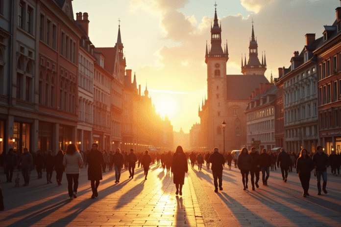 Place historique européenne au lever du soleil avec architecture et foule