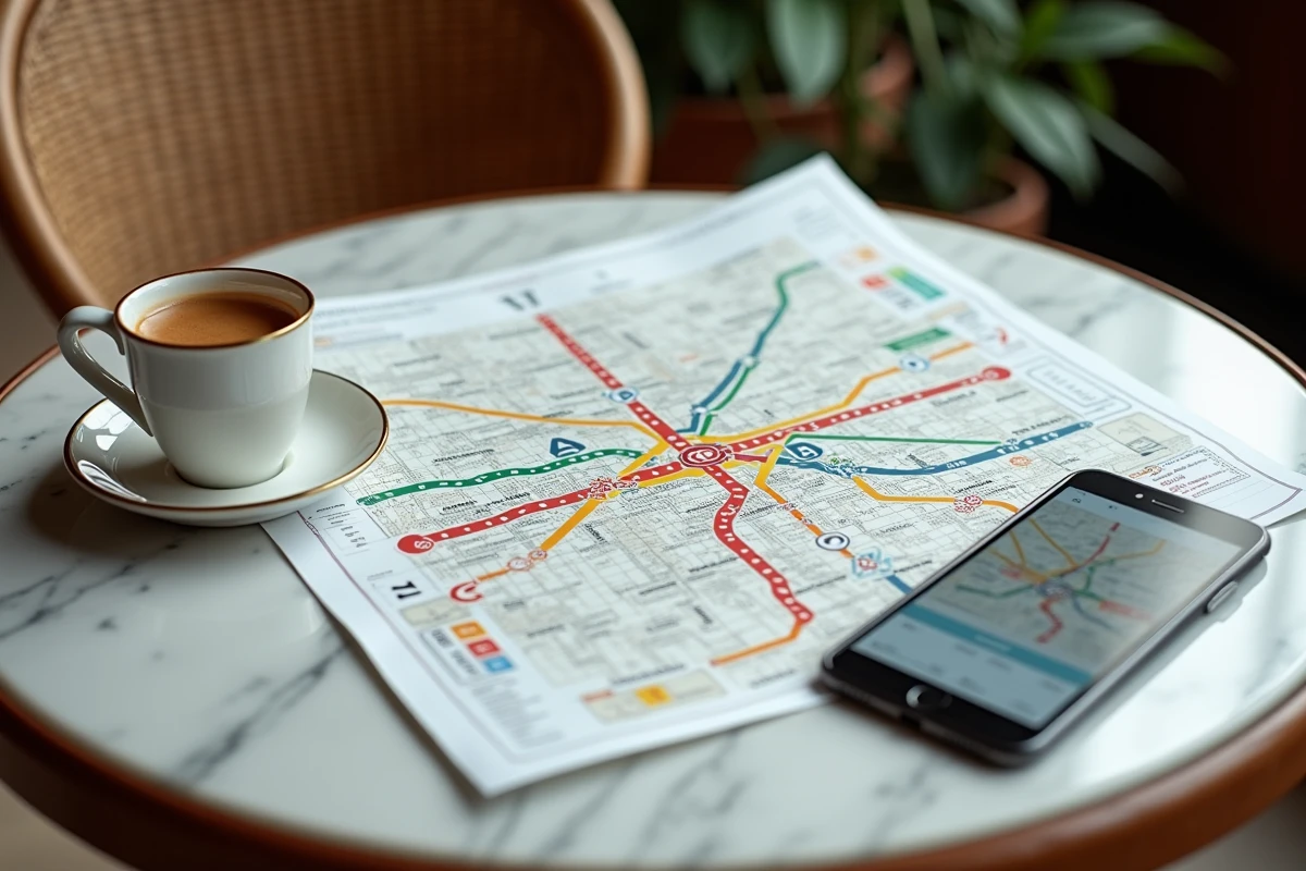 Plan papier du tram de Bordeaux déplié sur une table de café avec un smartphone affichant la carte interactive du réseau TBM