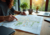 Personne examinant des cartes de zonage dans un bureau moderne