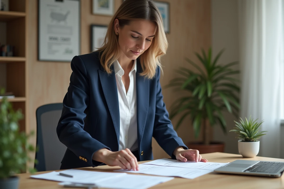Femme préparant un dossier administratif avec des documents imprimés sur un bureau à domicile