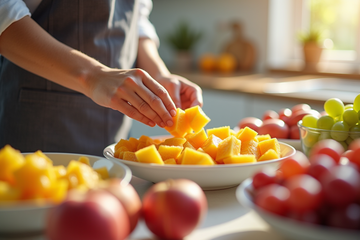 Mains préparant une salade de fruits dans une cuisine lumineuse