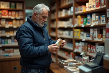 Homme comparant les prix de cartouches de cigarettes dans un bureau de tabac au Luxembourg