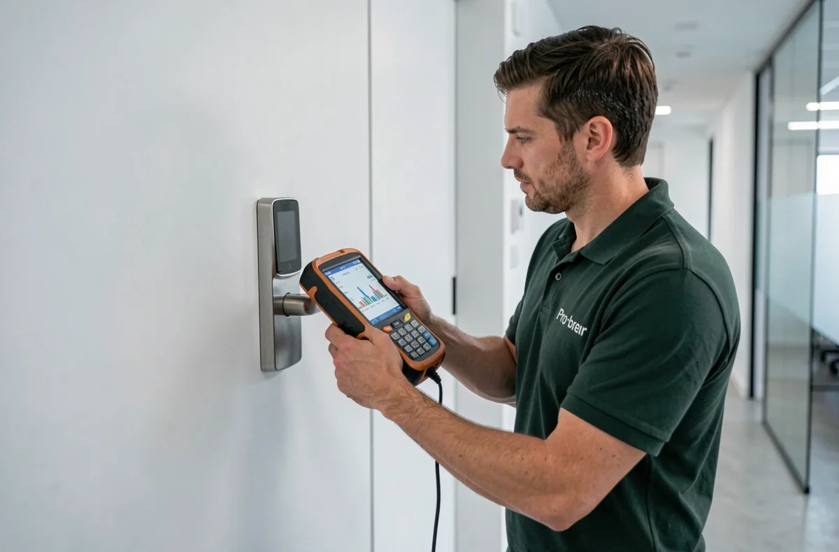 Technicien Pro G utilisant un appareil de diagnostic électronique sur une serrure connectée dans un couloir de bureau moderne