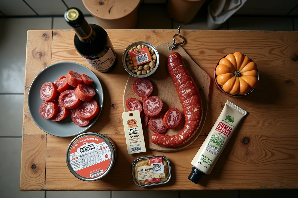 Vue aérienne de produits typiques achetés à la venta de Dantxaria : charcuterie, vin Rioja, anchois et biscuits basques sur table en bois