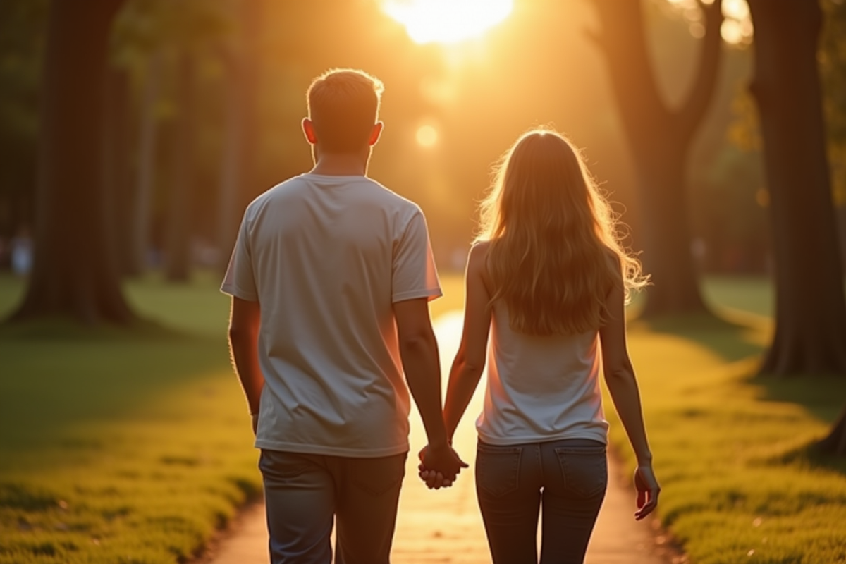 Le même couple marchant dans un parc au coucher du soleil