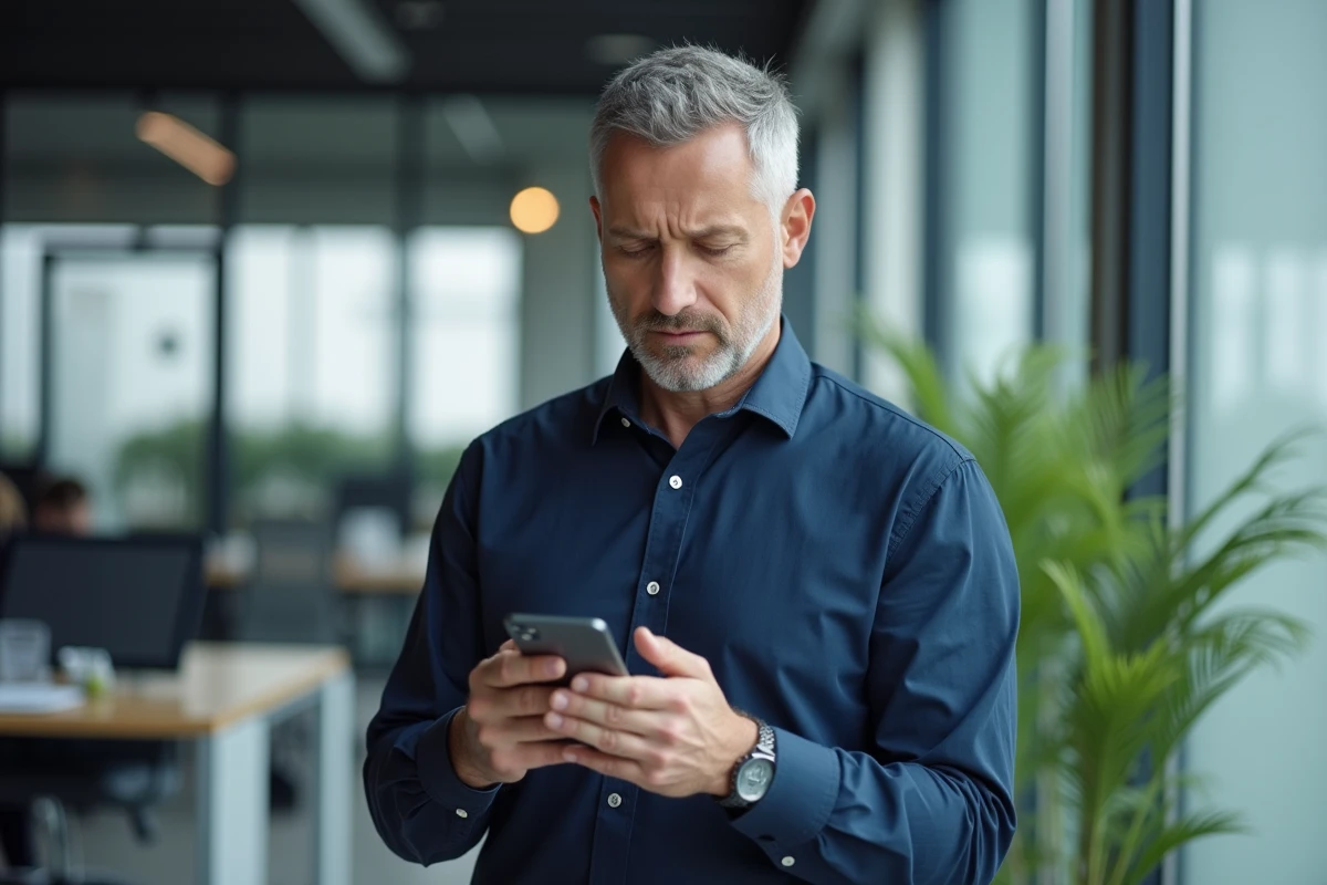 Homme lisant un SMS anonyme reçu sur son téléphone dans un bureau, soulevant des questions sur la protection du destinataire