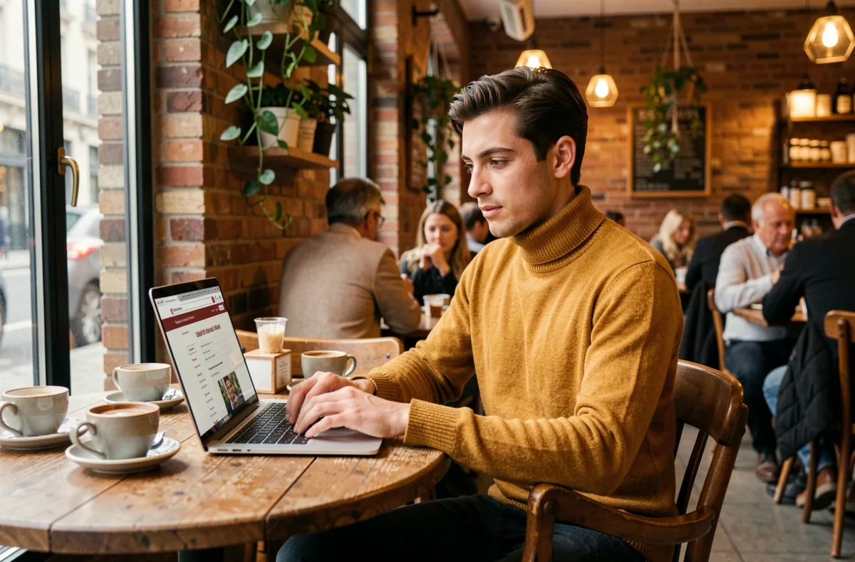 Personne recherchant les horaires d'un tabac sur un ordinateur portable dans un café parisien