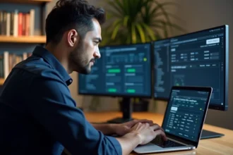 Homme utilisant un outil de recherche d'informations IP sur ordinateur portable dans un bureau moderne