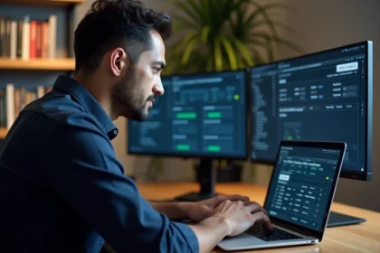 Homme utilisant un outil de recherche d'informations IP sur ordinateur portable dans un bureau moderne