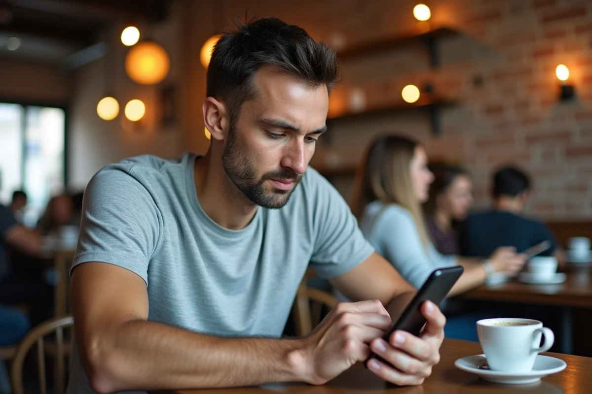 Homme recherchant un ancien ami par son nom sur une application de réseau social depuis un café urbain