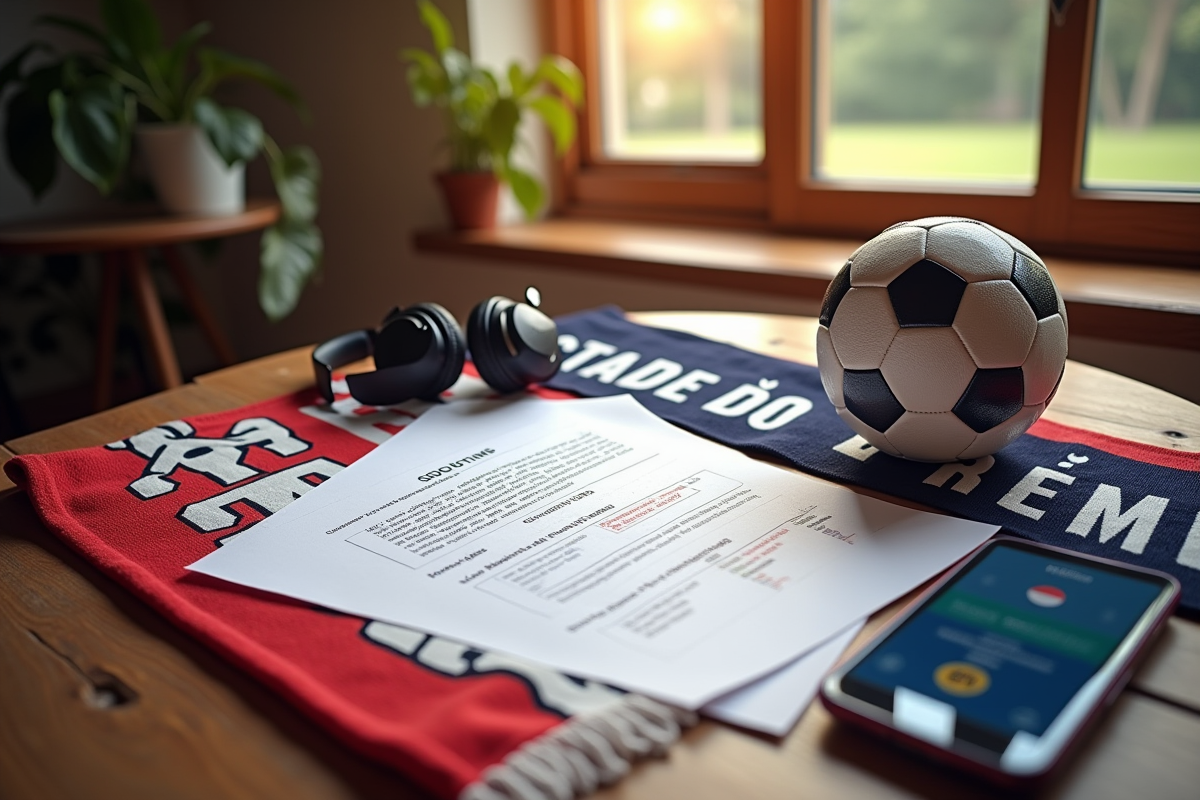 Rapport de scouting et écharpe Stade de Reims sur une table en bois
