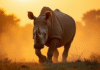 Rhinoceros dans la savane au lever du soleil