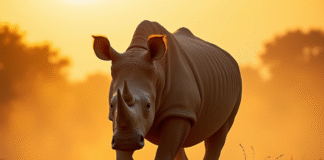 Rhinoceros dans la savane au lever du soleil