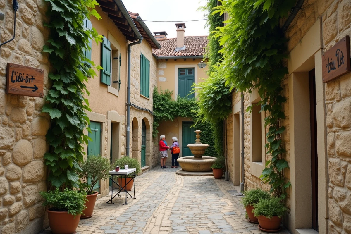 Ruelle pavée d'un hameau français avec un panneau lieu-dit en bois et des façades en pierre calcaire aux volets verts