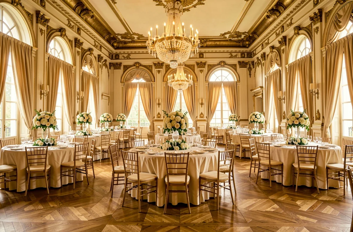 Salon de réception somptueux des Salons du Château France Événement avec décor néoclassique doré et parquet Versailles