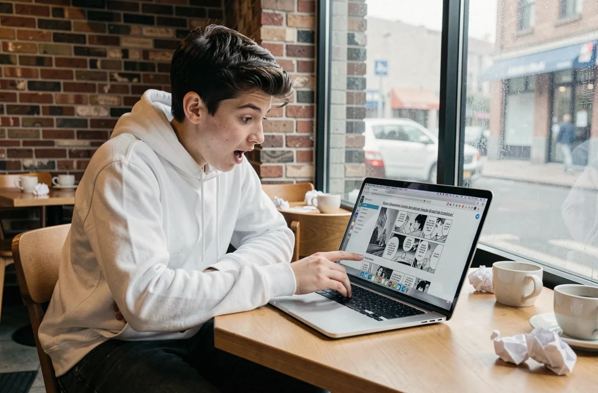 Adolescent découvrant les scans de Blue Lock en VF sur un ordinateur portable dans un café urbain