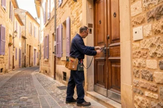 Un serrurier professionnel en tenue de travail intervenant sur une porte en bois dans une rue pavée typique d'Aix-en-Provence