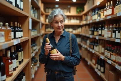 Femme examinant une bouteille de cidre basque dans une venta frontalière de Dantxaria, rayonnages de produits espagnols en arrière-plan