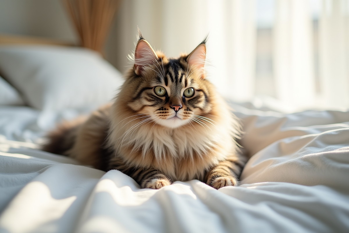 Chat sibérien hypoallergenique allongé sur une couverture blanche dans une chambre ensoleillée