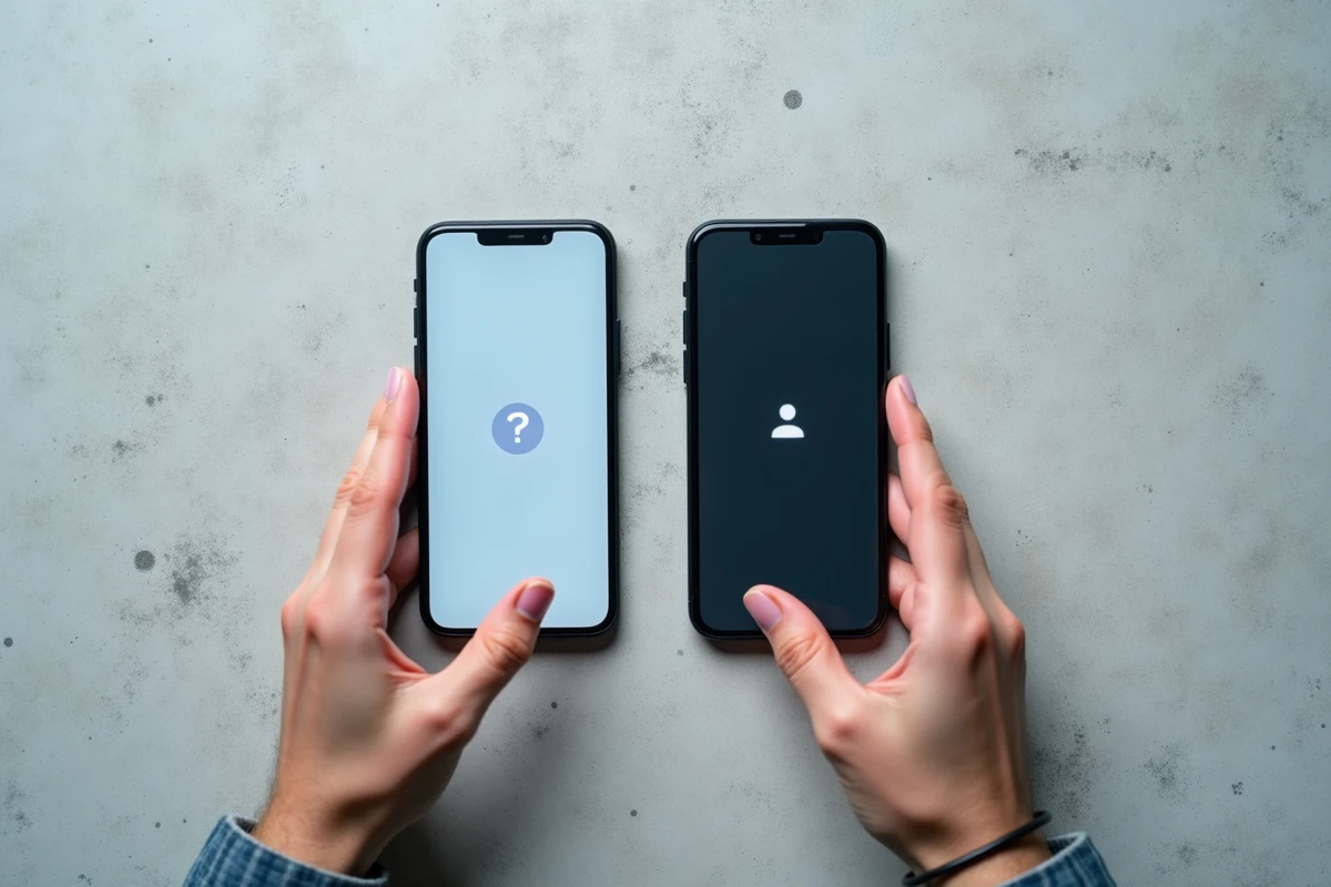 Deux smartphones illustrant l'envoi et la réception de SMS anonymes, avec interface de messagerie masquant l'identité de l'expéditeur