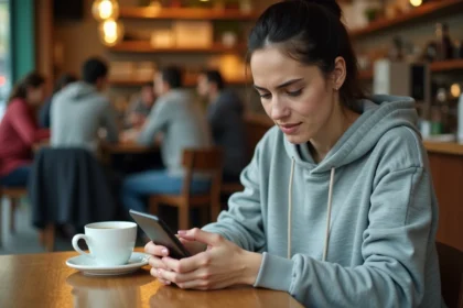 Femme envoyant un SMS anonyme depuis son smartphone dans un café, illustrant la confidentialité des messages texte