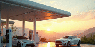 Station hydrogene moderne au lever du soleil avec voitures en recharge