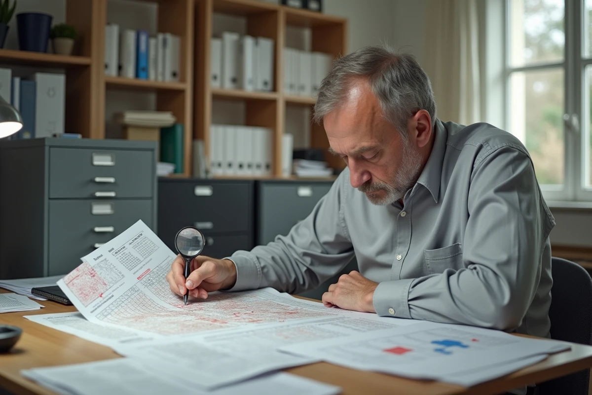 Statisticien de l'INSEE analysant des cartes cadastrales et des données démographiques sur un bureau encombré de documents