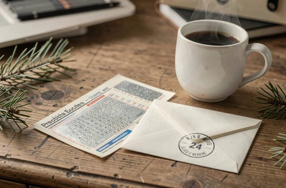 Ticket de loterie à gratter FDJ et enveloppe numérotée sur un bureau en bois dans l'ambiance du calendrier de l'Avent