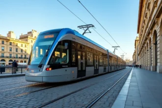 Tram de Bordeaux circulant sur les quais de la Garonne avec les façades en pierre calcaire en arrière-plan